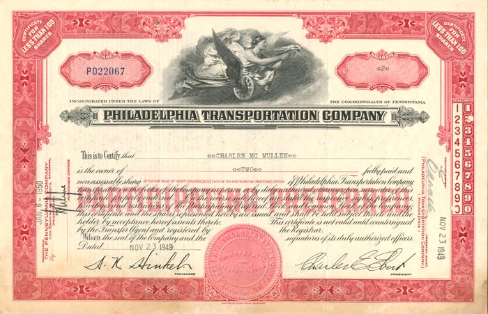 Philadelphia Transportation Co. - Stock Certificate